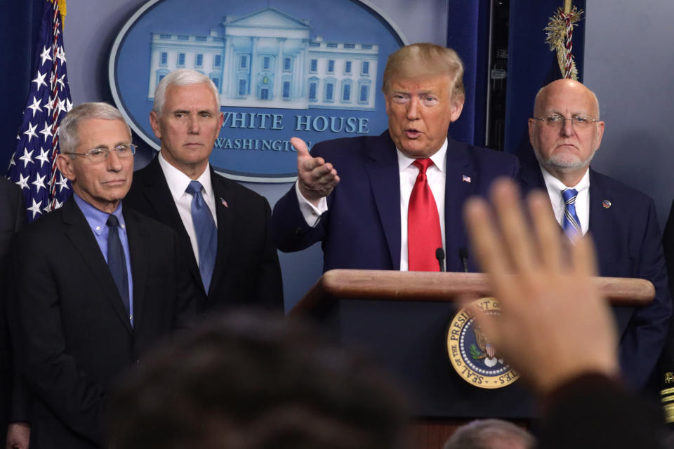 WASHINGTON, DC - FEBRUARY 29:   U.S. President Donald Trump speaks as National Institute for Allergy and Infectious Diseases Director Anthony Fauci, Vice President Mike Pence, and Centers for Disease Control and Prevention Director Robert Redfield listen during a news conference at the James Brady Press Briefing Room at the White House February 29, 2020 in Washington, DC. Department of Health in Washington State has reported the first death in the U.S. related to the coronavirus.  (Photo by Alex Wong/Getty Images)