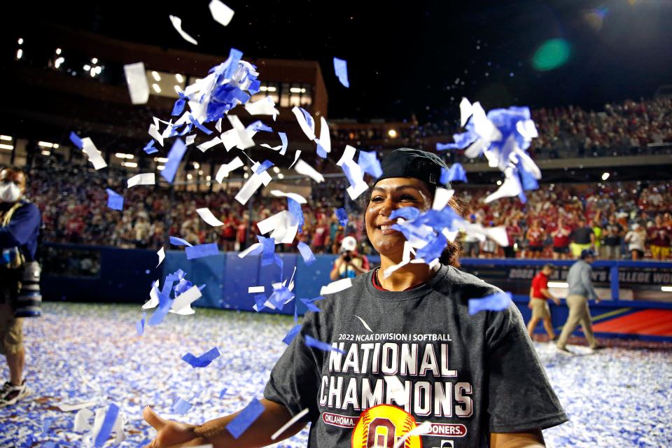 OU's Jocelyn Alo throws confetti after winning the NCAA softball title Thursday night at USA Softball Hall of Fame Stadium.