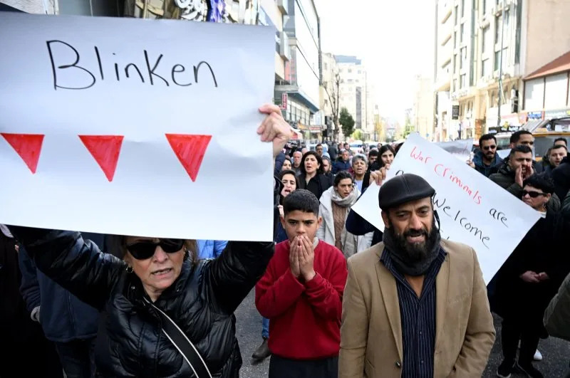 Palestinians protest the visit of U.S. Secretary of State Anthony Blinken during his meeting with Palestinian President Mahmoud Abbas in Ramallah, West Bank, on January 10. Photo by Debbie Hill/UPI