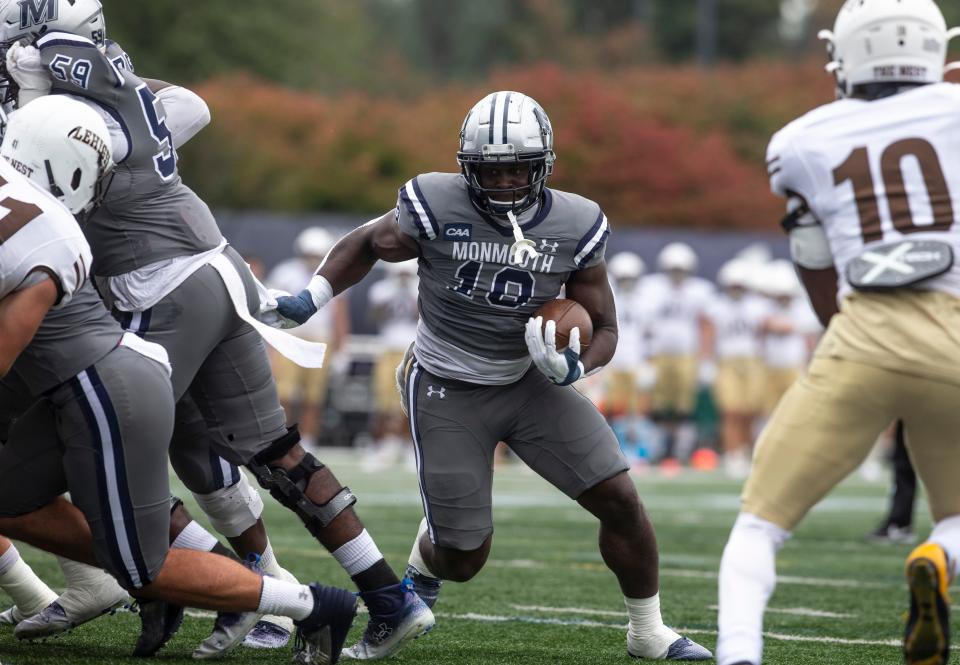 Monmouth’s Sone Ntoh scores a touchdown against Lehigh in West Long Branch, N.J. on Sept. 30, 2023
(Credit: Doug Hood)