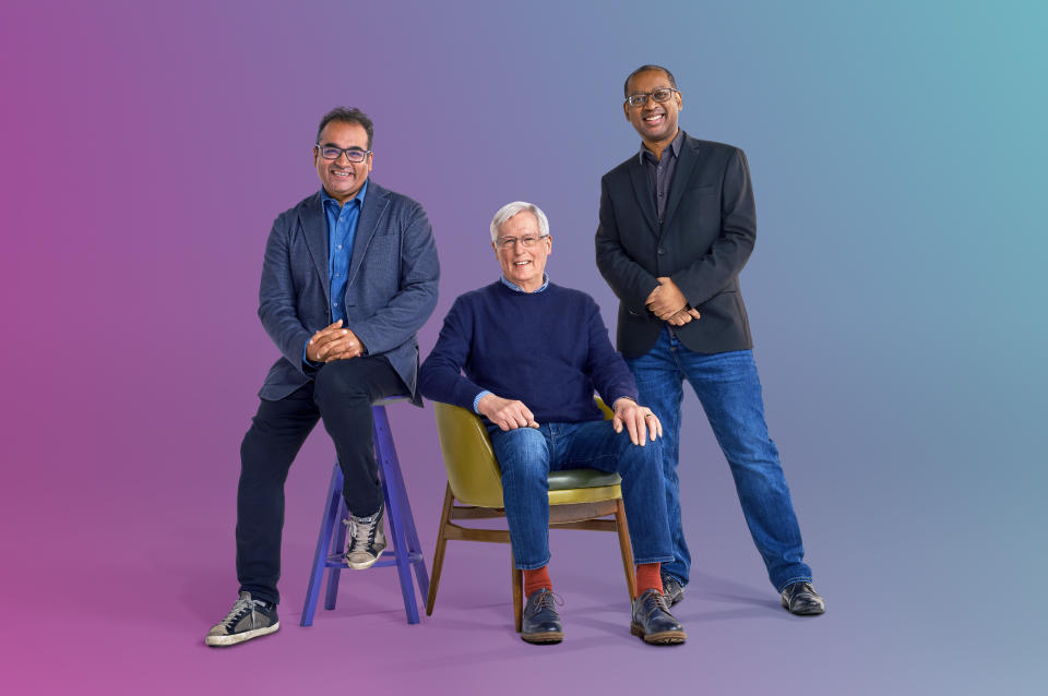 Newsround's Krishnan Guru-Murthy, John Craven and Lizo Mzimba. (BBC)