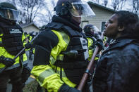 Protesters clash with police over the shooting death of Daunte Wright at a rally at the Brooklyn Center Police Department Monday, April 12, 2021, in Brooklyn Center, Minn. (Richard Tsong-Taatarii/Star Tribune via AP)