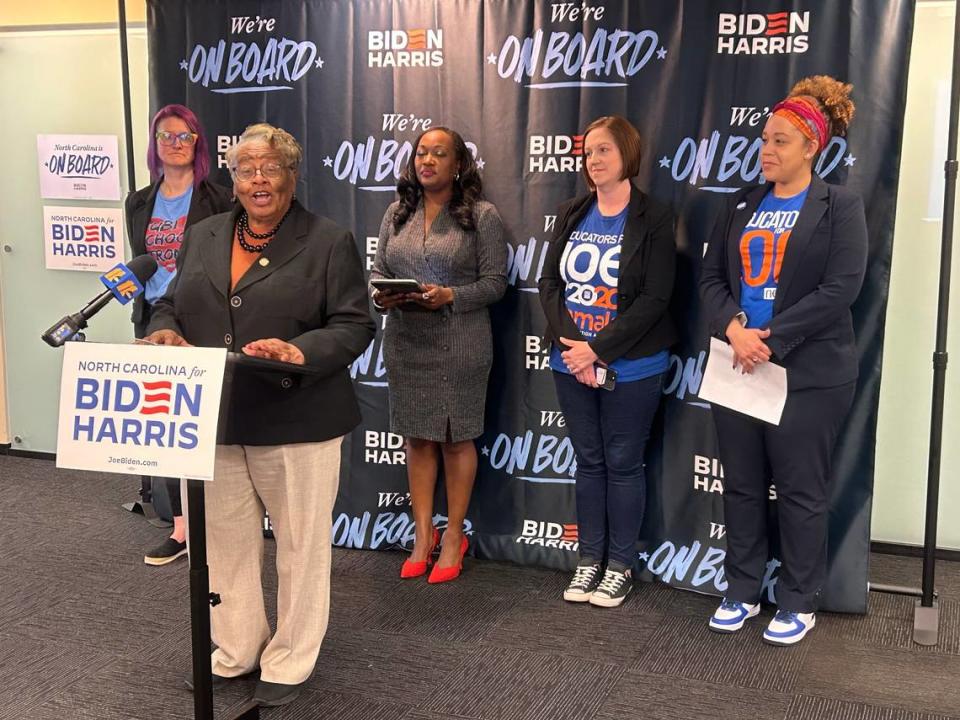 Stare Rep. Rosa Gill speaks at the kickoff of the Educators for Biden-Harris event in Raleigh, N.C., on April 23, 2024. Behind her from left to right are parent Margaret Bilodeau, state Sen. Natalie Murdock, Wake County teacher Michelle Craig and Wake NCAE president Christina Spears.