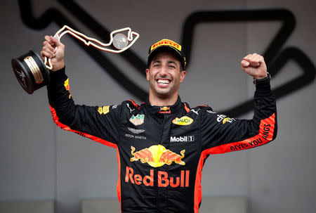 Formula One F1 - Monaco Grand Prix - Circuit de Monaco, Monte Carlo, Monaco - May 27, 2018 Red Bull’s Daniel Ricciardo celebrates winning the race with the trophy REUTERS/Benoit Tessier