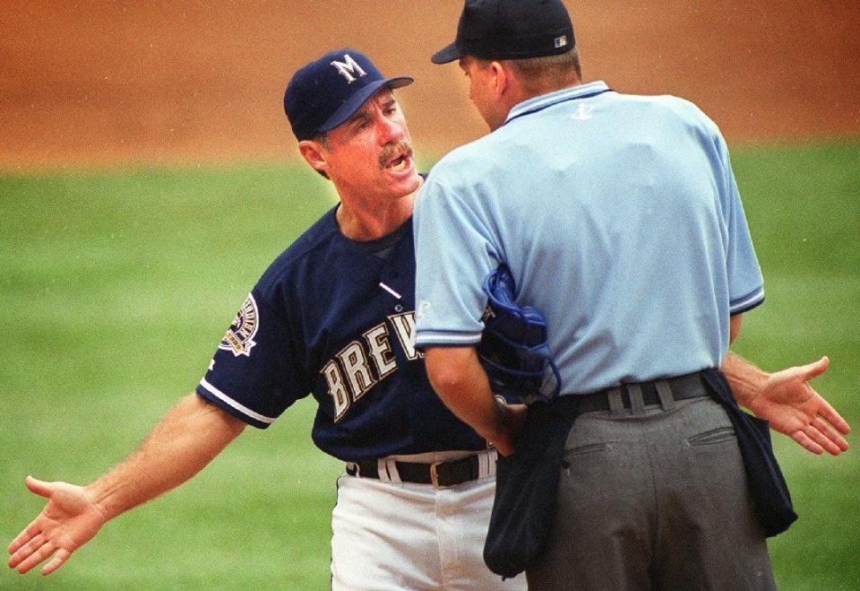 Brewers manager Phil Garner argues a call with home plate umpire Jeff Nelson in 1999. Garner didn't back down from a fight, whether it be announcers or the opposing manager offering the challenge.