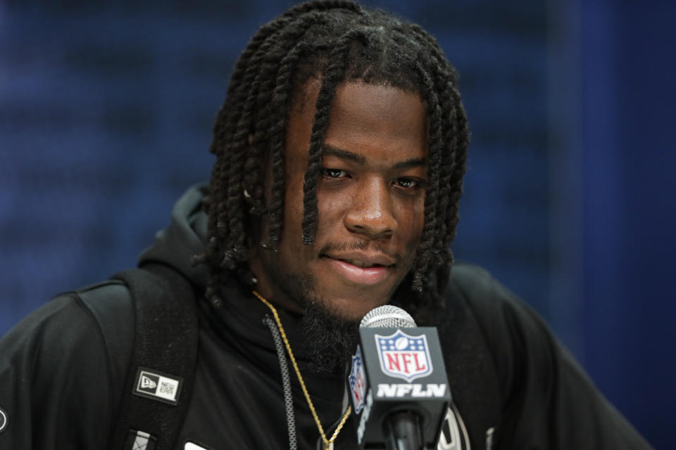 Alabama wide receiver Jerry Jeudy speaks during a press conference at the NFL football scouting combine in Indianapolis, Tuesday, Feb. 25, 2020. (AP Photo/Michael Conroy)