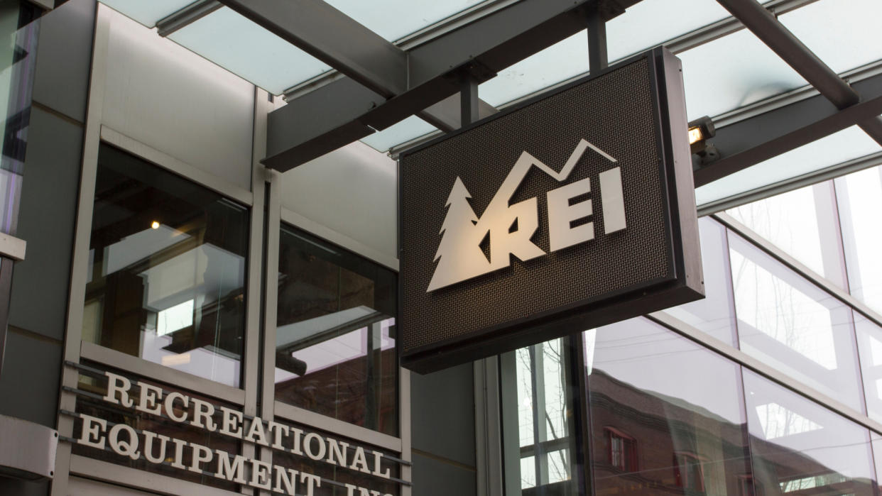 Portland, Oregon - Feb 8, 2019: The REI sign at the entrance of its store in Portland. Recreational Equipment, Inc. is an American retail and outdoor recreation services corporation.