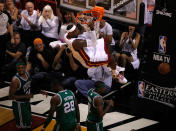 MIAMI, FL - JUNE 09: LeBron James #6 of the Miami Heat dunks the ball in the second quarter while taking on the Boston Celtics in Game Seven of the Eastern Conference Finals in the 2012 NBA Playoffs on June 9, 2012 at American Airlines Arena in Miami, Florida. (Photo by J. Meric/Getty Images)