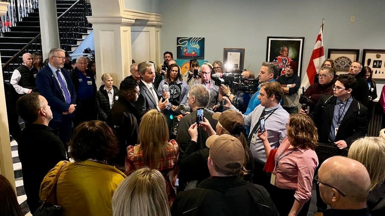 Nova Scotia wine-industry workers flooded into Province House on Tuesday as the premier announced the new program would be paused. (Michael Gorman/CBC - image credit)