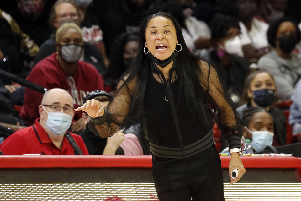 South Carolina head coach Dawn Staley directs her team during the second half of an NCAA college basketball game against North Carolina State, Tuesday, Nov. 9, 2021 in Raleigh, N.C. (AP Photo/Karl B. DeBlaker)