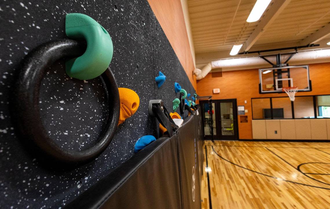 Life Time Kids, located inside the Life Time center at The Falls, offers a range of activities for little ones, including a basketball court and climbing wall, pictured above just before opening day in August 2023.