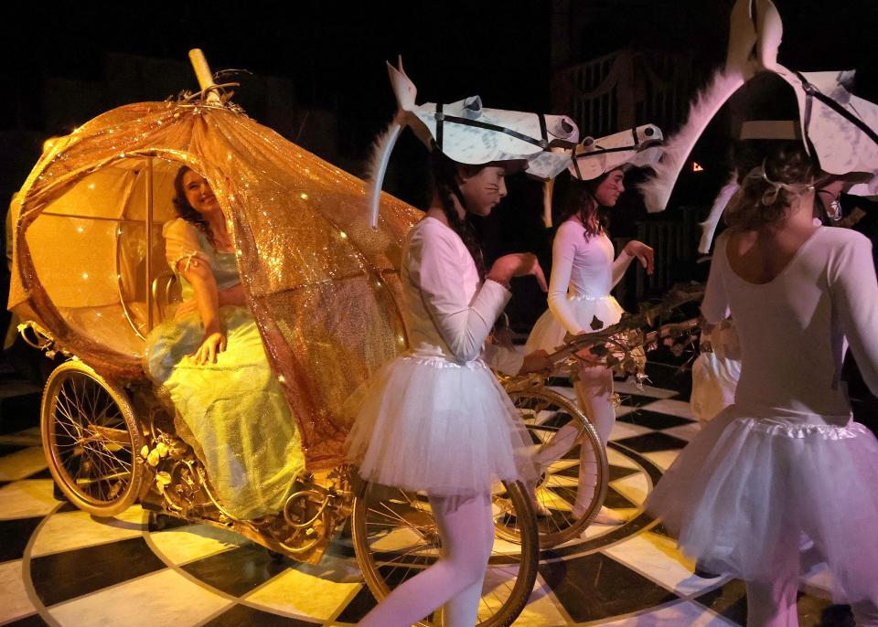 Cinderella (Rachel Walman) rides in her enchanted coach pulled by her forest friends, Gabi Castro, Mia Nadeau, (seen from the back) Finley Smith and Paxton Glidden. The Academy of Performing Arts in Orleans is performing the Rodgers and Hammerstein classic.