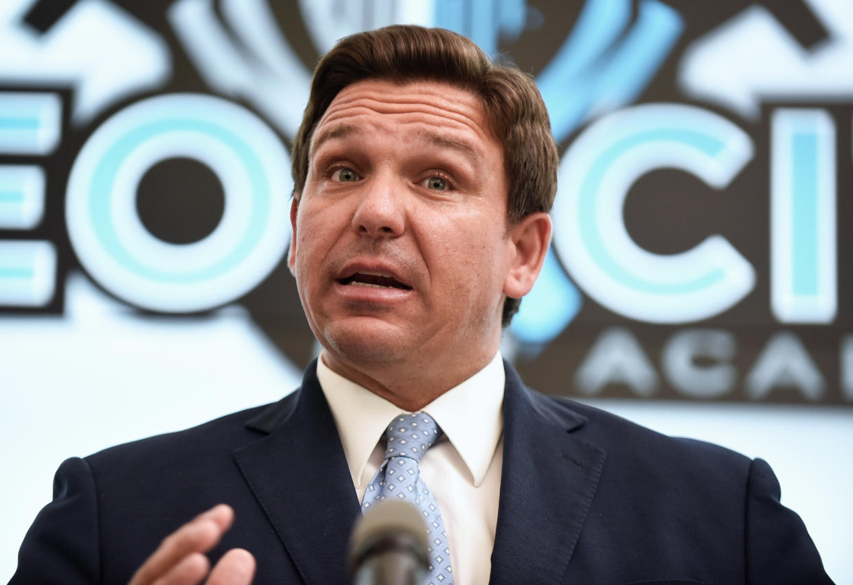 Florida Gov. Ron DeSantis speaks during a press conference before newly appointed state Surgeon General Dr. Joseph Ladapo at Neo City Academy in Kissimmee, Florida. (Paul Hennessy/SOPA Images/LightRocket via Getty Images)