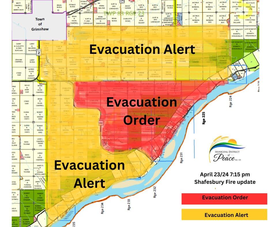 Some residents of Municipal District of Peace #135 have been told to evacuate due to a wildfire burning southeast of Township Road 830, about one km north of the river. An evacuation alert is also in effect for the surrounding area.  (Municipal District of Peace 135 - image credit)