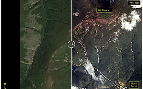 Before-and-after images show the Punggye-ri test site where on September 3, 2017, North Korea claimed to have conducted the undeground explosion of a hydrogen bomb - Credit: AFP