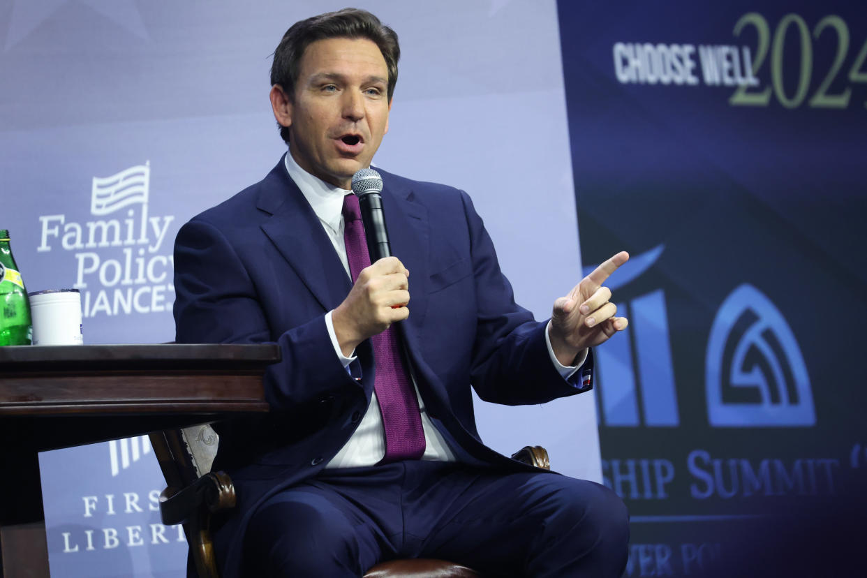 DES MOINES, IOWA - JULY 14: Florida Governor Ron DeSantis speaks to guests at the Family Leadership Summit on July 14, 2023 in Des Moines, Iowa. Several Republican presidential candidates were scheduled to speak at the event, billed as “The Midwest’s largest gathering of Christians seeking cultural transformation in the family, Church, government, and more.”
 (Photo by Scott Olson/Getty Images)