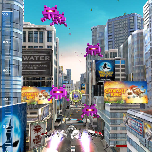 Players pilot a fighter jet through a city in Jet Run: City Defender