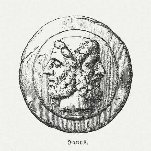 janus, roman god of beginnings and endings, woodcut, published 1897