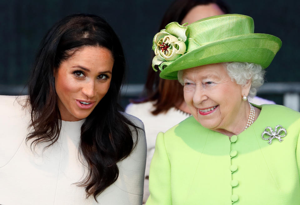 WIDNES, UNITED KINGDOM - JUNE 14: (EMBARGOED FOR PUBLICATION IN UK NEWSPAPERS UNTIL 24 HOURS AFTER CREATE DATE AND TIME) Meghan, Duchess of Sussex and Queen Elizabeth II attend a ceremony to open the new Mersey Gateway Bridge on June 14, 2018 in Widnes, England. Meghan Markle married Prince Harry last month to become The Duchess of Sussex and this is her first engagement with the Queen. During the visit the pair will open a road bridge in Widnes and visit The Storyhouse and Town Hall in Chester. (Photo by Max Mumby/Indigo/Getty Images)