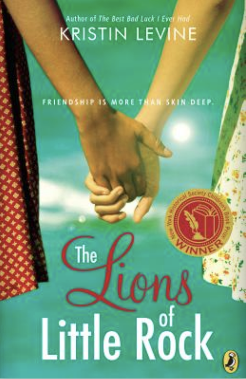 Book cover of "The Lions of Little Rock" by Kristin Levine, featuring two clasped hands and a title emblem