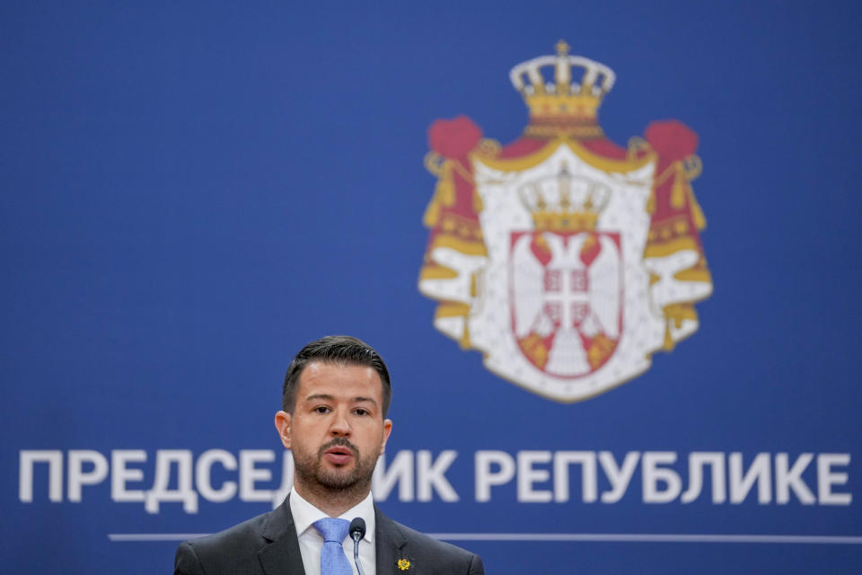 Montenegro's President Jakov Milatovic speaks during a press conference after talks with his Serbian counterpart Aleksandar Vucic at the Serbia Palace in Belgrade, Serbia, Monday, July 10, 2023. Milatovic is on a two-day official visit to Serbia. (AP Photo/Darko Vojinovic)