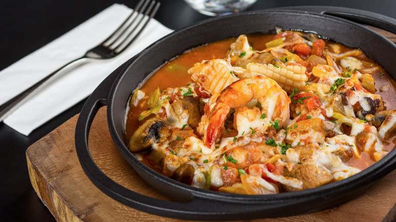 Skillet of gumbo with shrimp