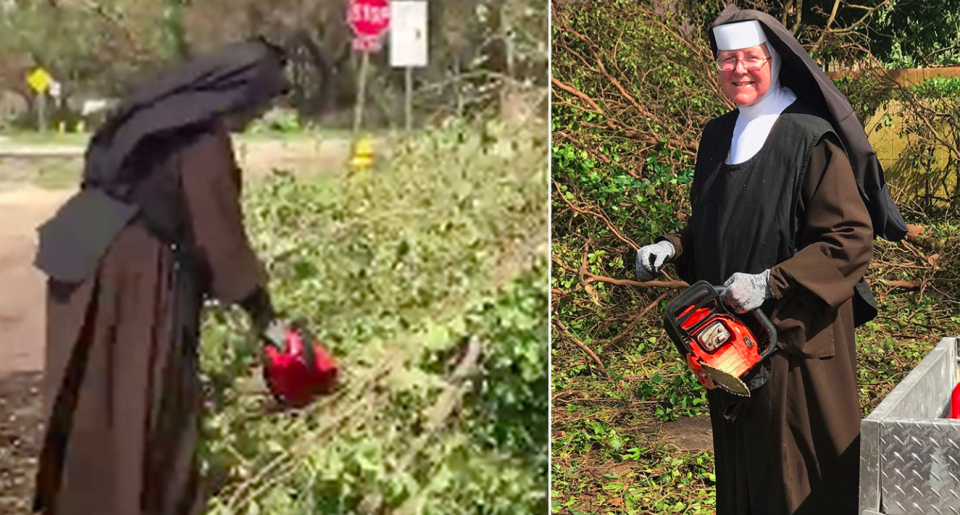 <em>Sister Margaret Ann took to the streets with a chainsaw to clean up after Hurricane Irma (AP)</em>