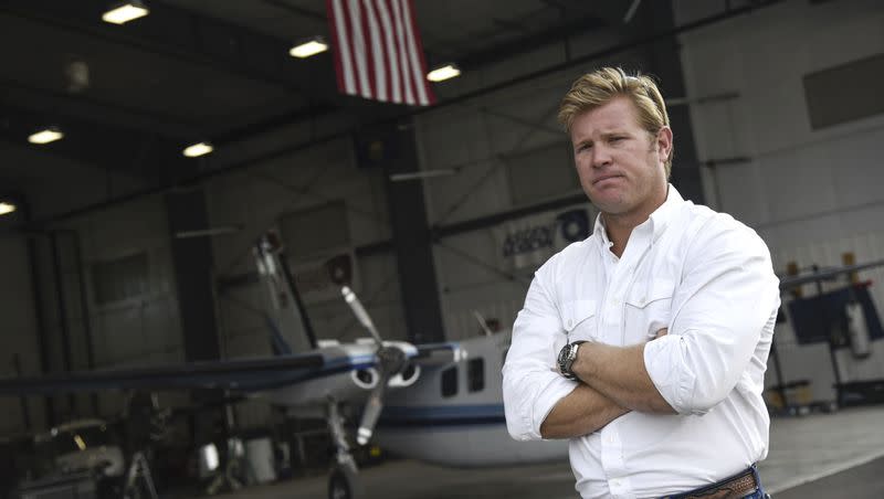 Tim Sheehy, founder of Bridger Aerospace and Ascent Vision, pauses during a tour of the company’s facility on Friday, Aug. 30, 2022, in Belgrade, Mont. Sheehy announced Tuesday, June 27, 2023, that he’ll seek the 2024 GOP nomination to challenge Montana Democratic U.S. Sen. Jon Tester.