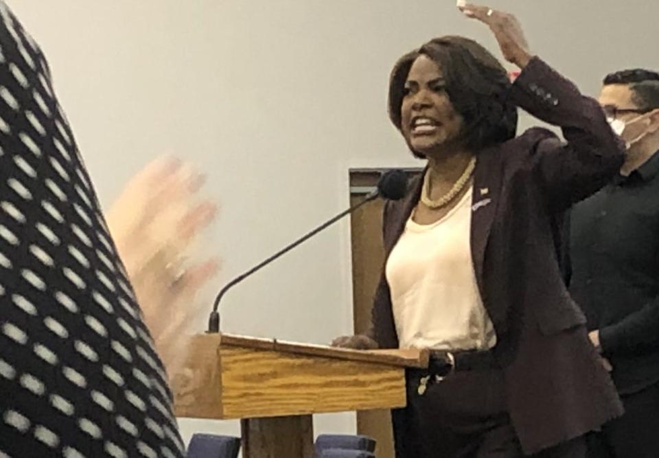 U.S. Rep. Val Demings raises her hand and her voice in a speech to Volusia County Democrats in Deltona on Saturday, Aug. 6, 2022. Demings is running for U.S. Senate against incumbent Republican Marco Rubio.