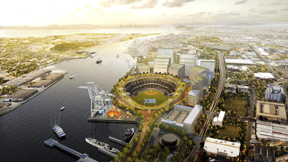 This artists rendering provided by BIG/Oakland A's show the proposed stadium for the Oakland Athletics baseball team in Oakland, Calif. The Oakland Athletics have spent years trying to get a new stadium while watching Bay Area neighbors the Giants, Warriors, 49ers and Raiders successfully move into state-of-the-art venues, and now time is running short on their efforts.(BIG/Oakland A's via AP)