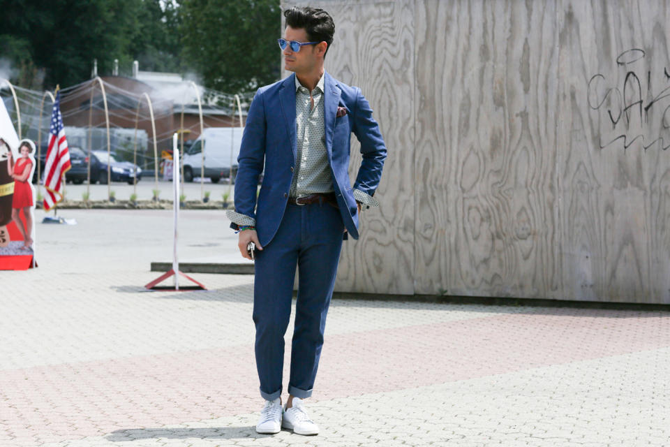 menswear suit and sneakers