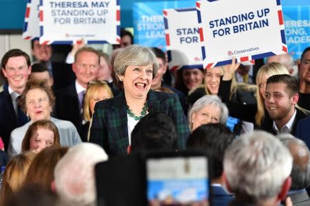 Britain's Prime Minister Theresa May speaks to supporters at a campaign event at Shine Centre in Leeds, Britain, April 27, 2017. REUTERS/Anthony Devlin/Pool