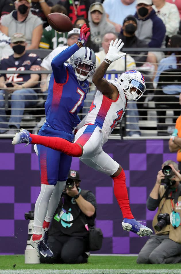 Trevon Diggs #7 of the NFC has his pass broken up by brother Stefon Diggs of the AFC in the 2022 NFL Pro Bowl. (Photo: Ethan Miller via Getty Images)