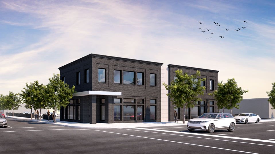 A rendering shows the planned 2-story building at Shelby and Jefferson streets that will include apartments, a gym and 55 parking spaces that will service Hotel Genevieve.