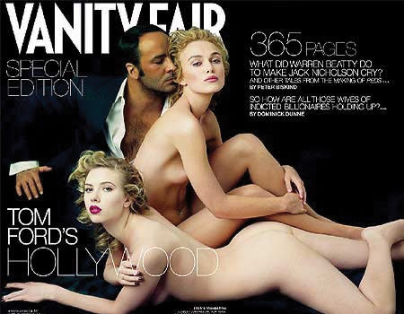Tom Ford, Kiera Knightley and Scarlett Johansson for Vanity Fair: Controversy swirled around this unlikely trio. Designed by Tom Ford and shot by Annie Leibowitz, it was supposed to include three ladies (and no Tom), but Rachel McAdams had a fit of modesty and pulled out at the last minute, thus Tom appears fascinated with Kiera’s earlobe.
