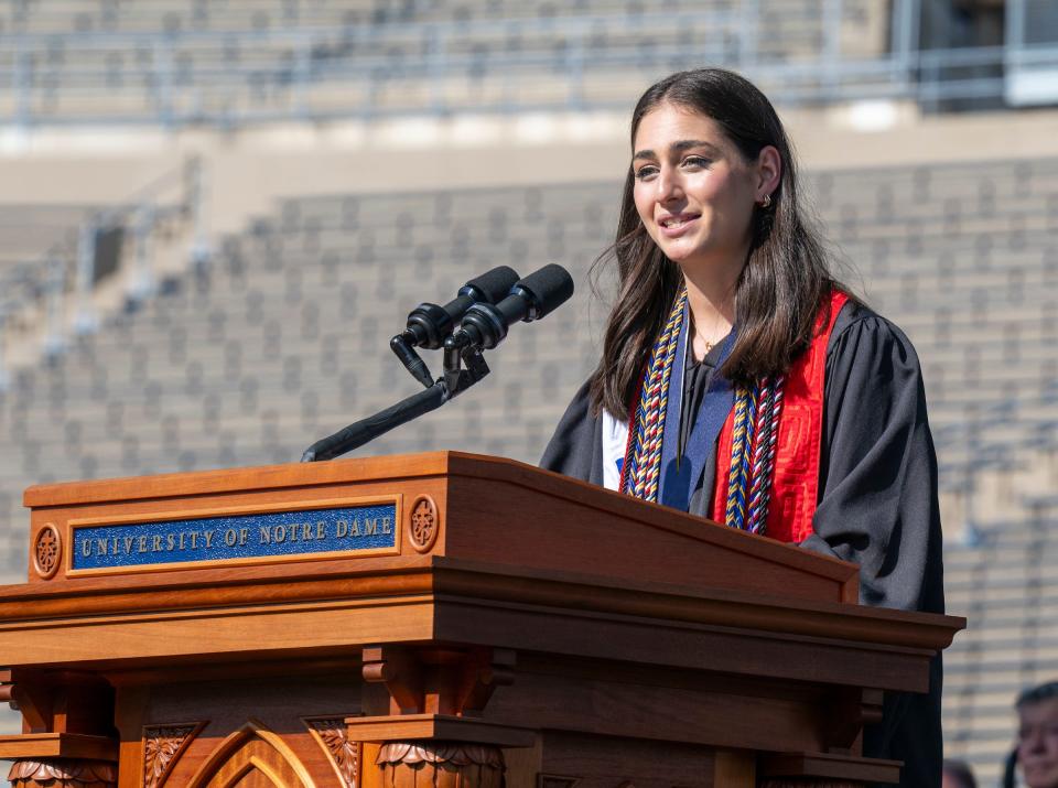 University of Notre Dame Valedictorian Isabela Tasende gives her address at the 2024 commencement ceremony in Notre Dame Stadium. (Photo by Barbara Johnston/University of Notre Dame)