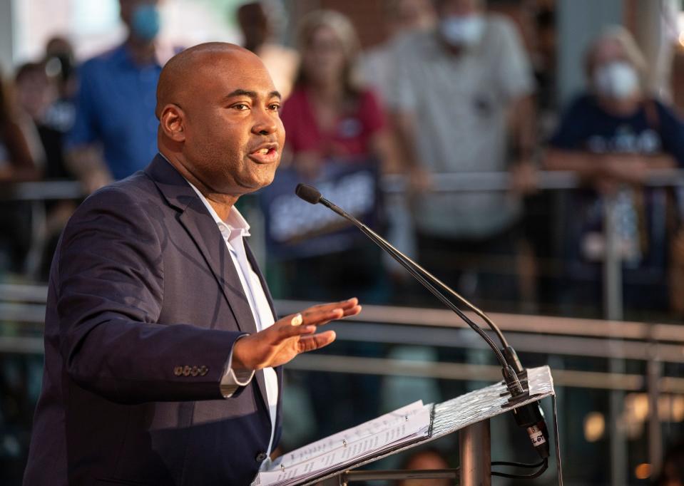 Democratic National Committee Chairman, Jaime Harrison, speaks at a rally for U.S Senate candidate Charles Booker. Aug. 23, 2022