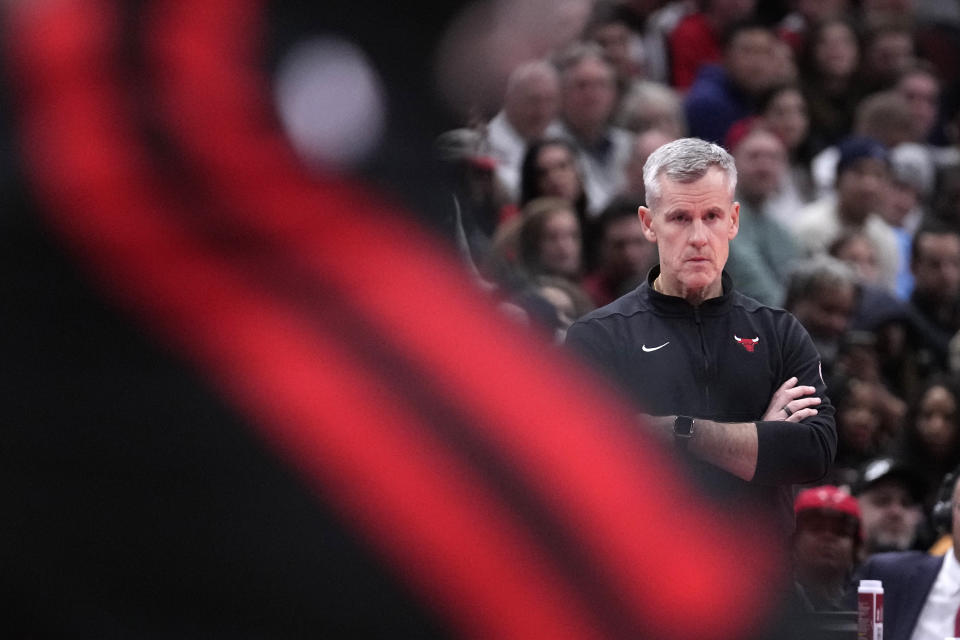 Chicago Bulls Billy Donovan watches his team on defense during the second half of an NBA in-season tournament basketball game against the Brooklyn Nets, Friday, Nov. 3, 2023, in Chicago. (AP Photo/Charles Rex Arbogast)