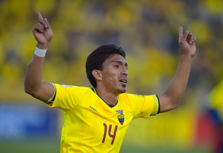 Ecuador's Angel Mena celebrates after scoring the equaliser against Paraguay during their Russia 2018 FIFA World Cup South American Qualifiers' match, in Quito