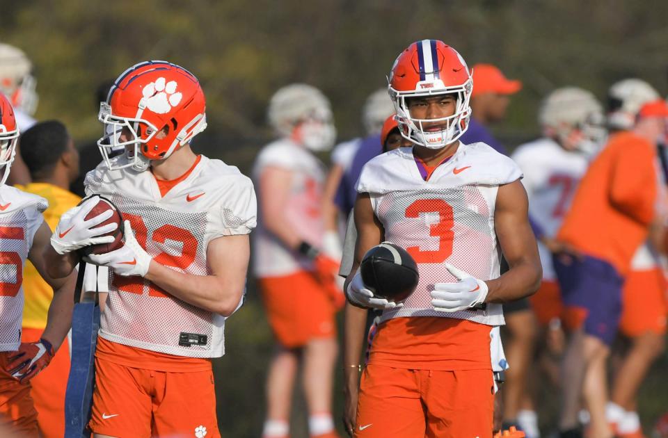 Clemson receiver Noble Johnson (3) during the first day of spring practice at the football Complex in Clemson, SC Monday, March 6, 2023.