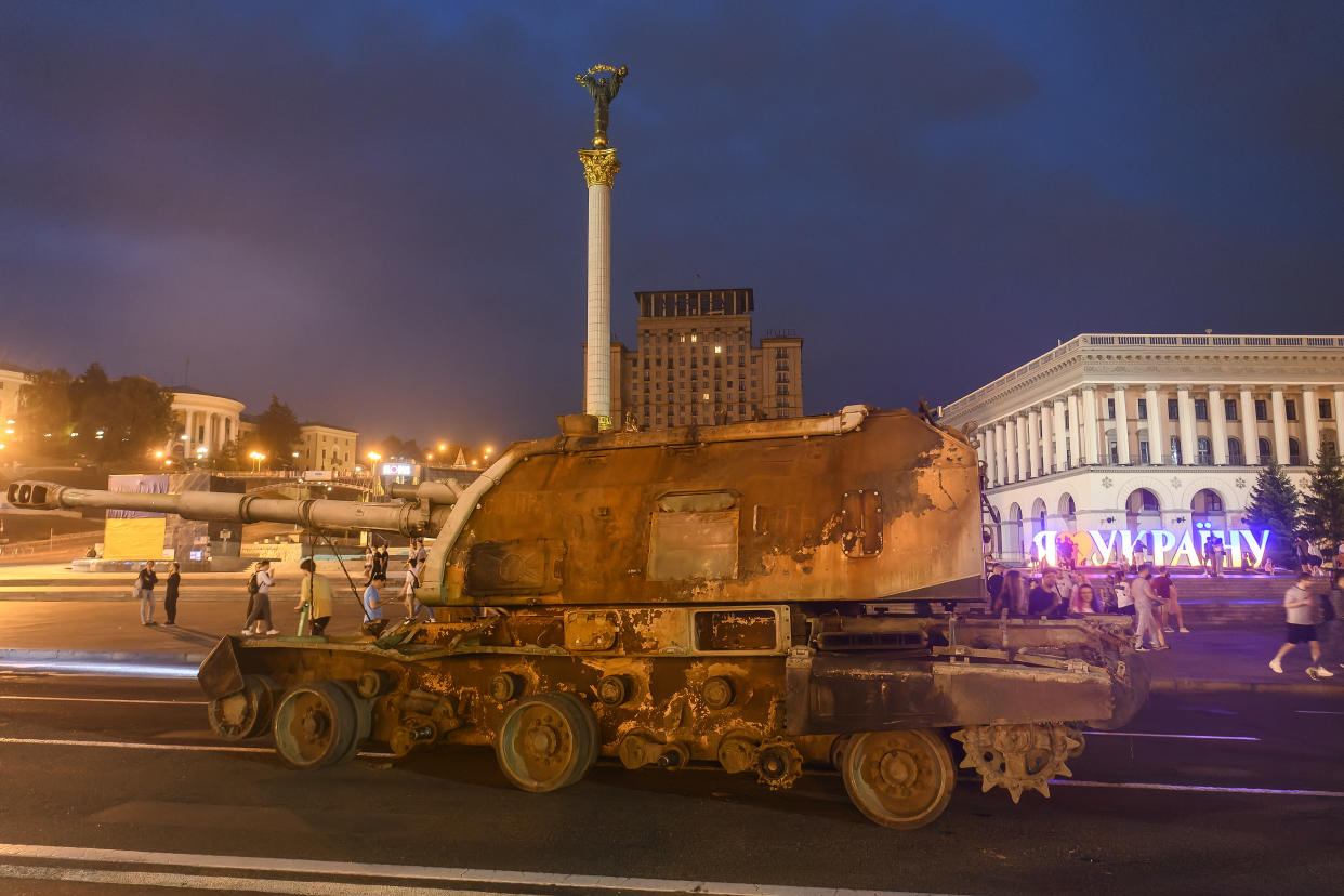 A destroyed military vehicle.