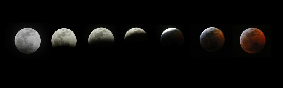 This combination photo shows the different stages of the blood moon and supermoon during a total lunar eclipse in Los Angeles, Sunday, Jan. 20, 2019. (AP Photo/Ringo H.W. Chiu)