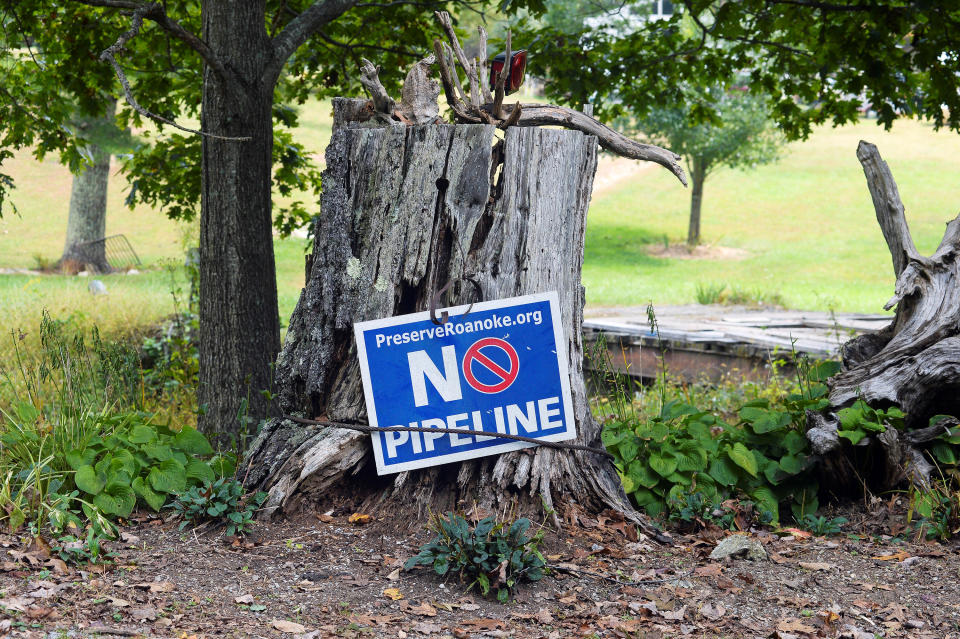 A landowner's sign denouncing the Mountain Valley Pipeline near Elliston, Virginia, U.S. September 30, 2019. Picture taken September 30, 2019. REUTERS/Charles Mostoller