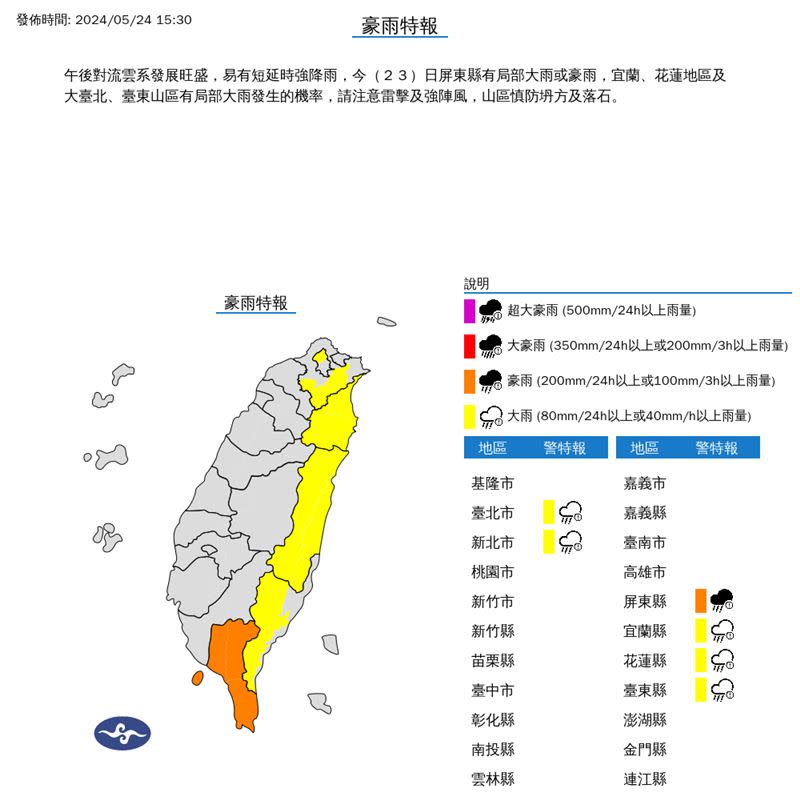 氣象署針對6縣市發布豪、大雨特報。（圖／氣象署）