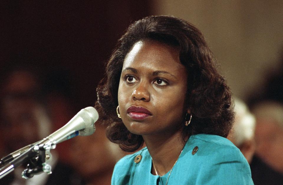 Head and shoulder shots of Anita Hill, University of Oklahoma Law Professor, who testified, that she was sexually harassed by Clarence Thomas. 1991 photo. 