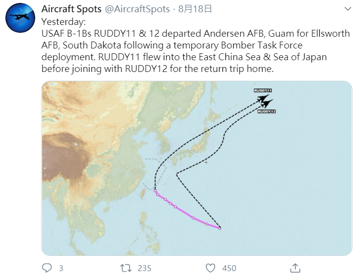 「飛機守望」推特發文，兩架稱號為「RUDDY11」和「RUDDY12」的美國空軍B-1B轟炸機於 (17) 日飛離美國關島安德森空軍基地，返回位於南達科他州的埃爾斯沃斯空軍基地。   圖取自Aircraft Spots推特。