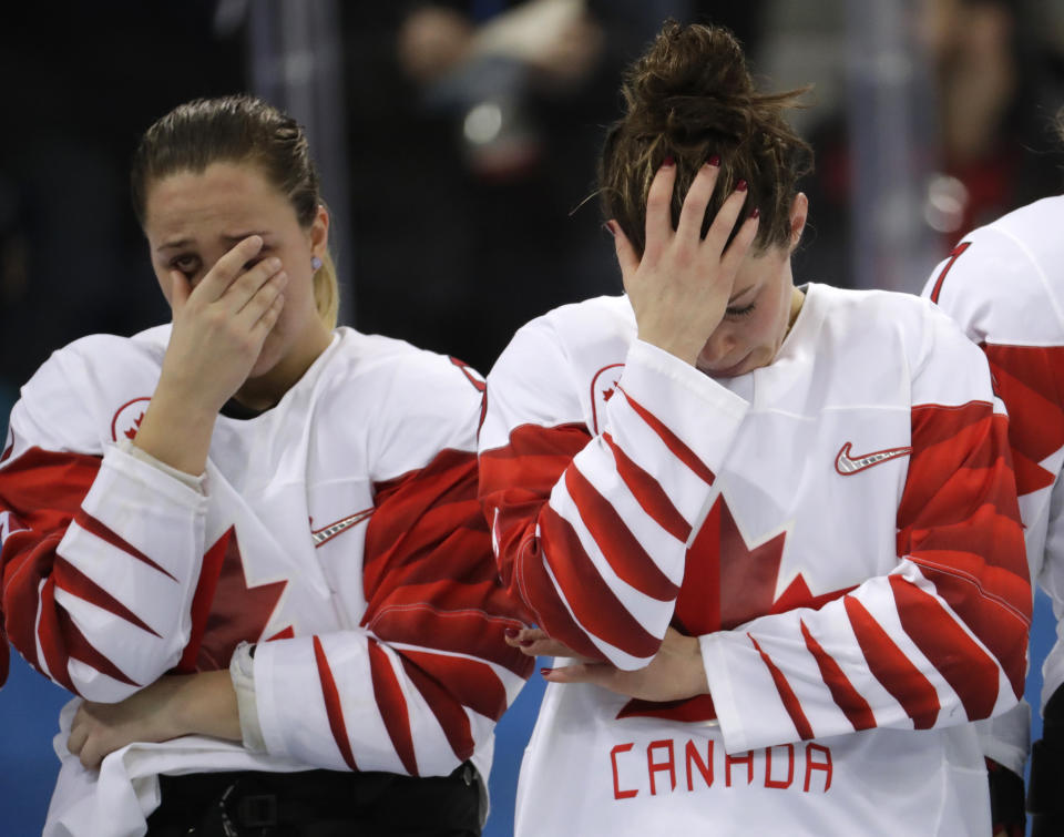 <p>Canada players react after the women’s gold medal hockey game against the United States at the 2018 Winter Olympics in Gangneung, South Korea, Thursday, Feb. 22, 2018. (AP Photo/Julio Cortez) </p>
