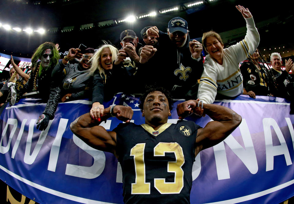 Michael Thomas had reason to flex. He caught 12 passes for 171 yards and a touchdown in New Orleans’ 20-14 victory in the NFC playoffs. (Getty Images)