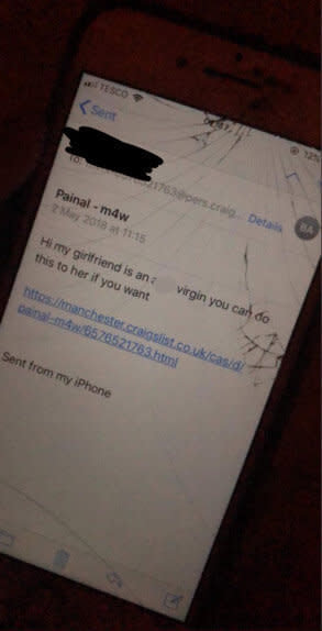 The boyfriend allegedly sent messages to Craigslist users in which he told strangers to sexually assault her. Source: Twitter