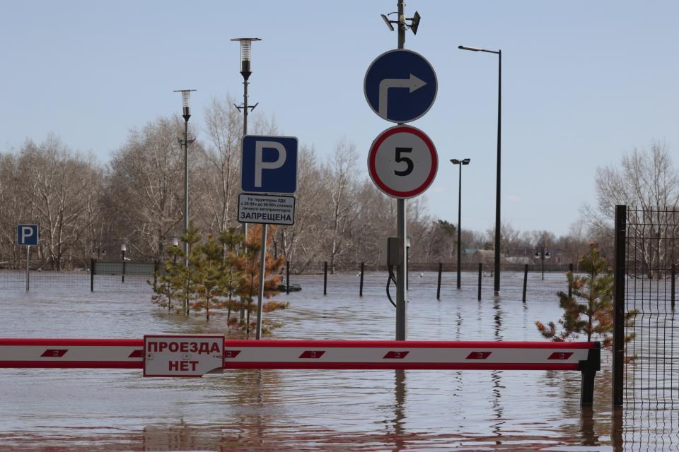 A view of a flooded area in Orenburg, Russia, Thursday, April 11, 2024. Russian officials are scrambling to help homeowners displaced by floods, as water levels have risen in the Ural River. The river's water level in the city of Orenburg was above 10 meters (33 feet) Wednesday, state news agency Ria Novosti reported, citing the regional governor. (AP Photo)